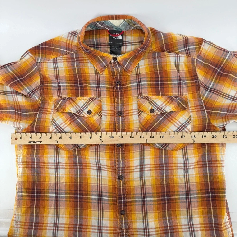 The‎ North Face Plaid Shirt Mens M Orange Yellow Short Sleeve Button Up Pocket